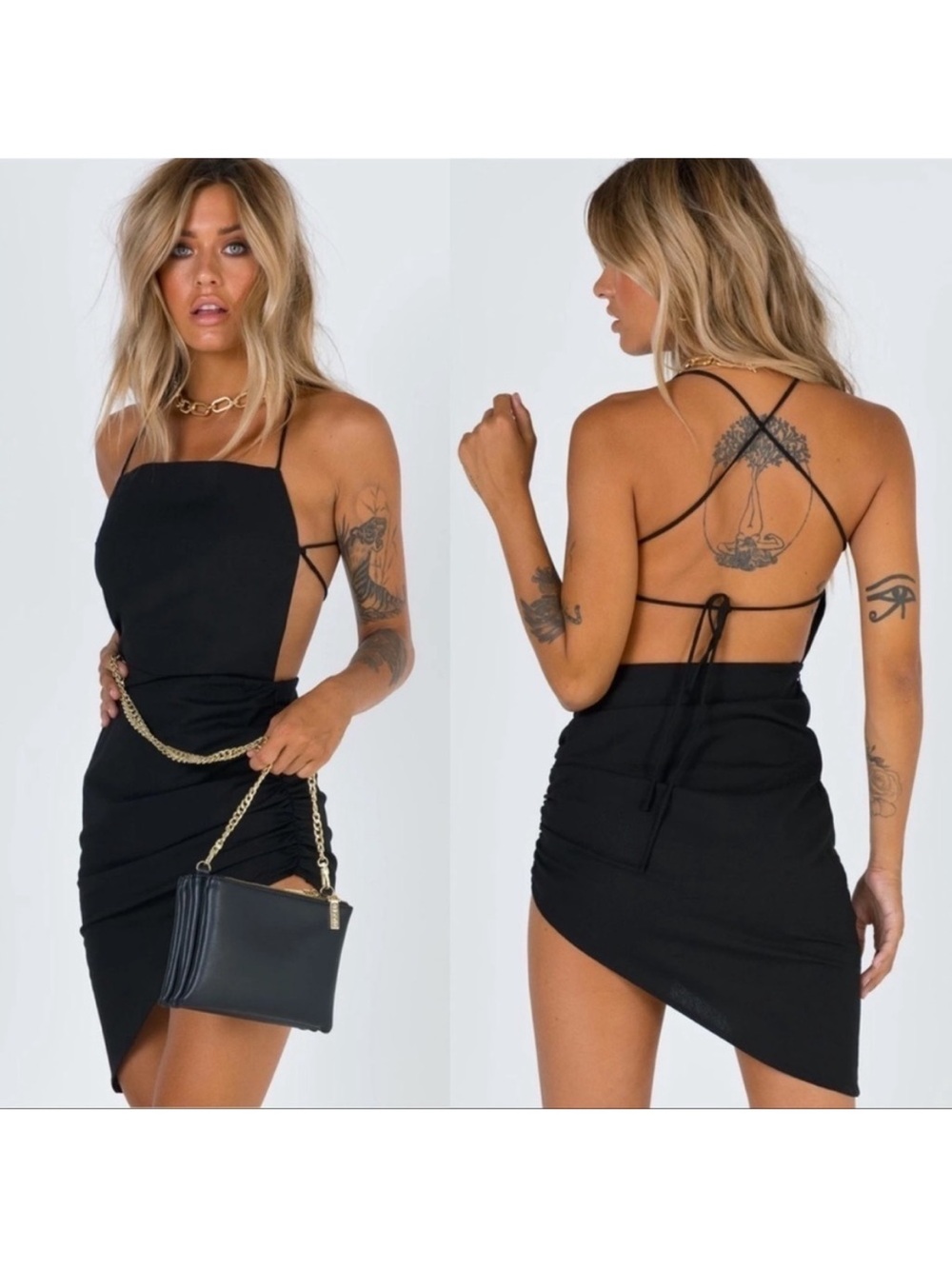 Lioness Black Linen Blend Square-neck Strappy Back Ruched Vivien Dress Large